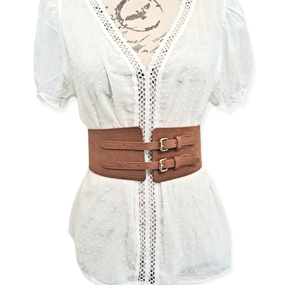 Boutique Accessories - Boho Brown Wide faux suede leather double buckle corset waist elastic belt